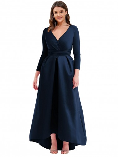 Best Long Sleeves Wrapped Formal Spandex Bridesmaid Dress / Prom Dress with High Low Full Skirt and Pockets