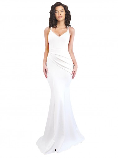 Best Fishtail Shape Spaghetti Straps Open Back Formal Crepe Bridesmaid Dress / Prom Dress with Ruffles