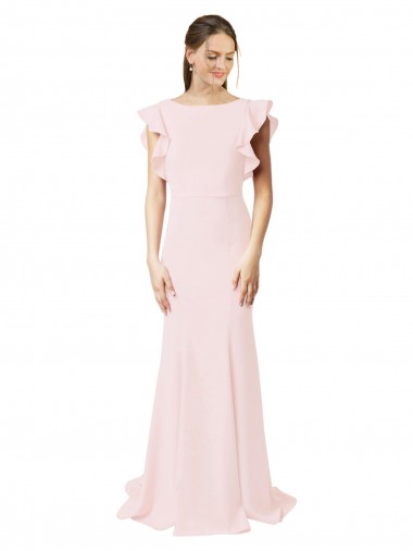 Best Low V-Back Long Mermaid Crepe Bridesmaid Dress / Prom Dress with Ruffled Sleeves