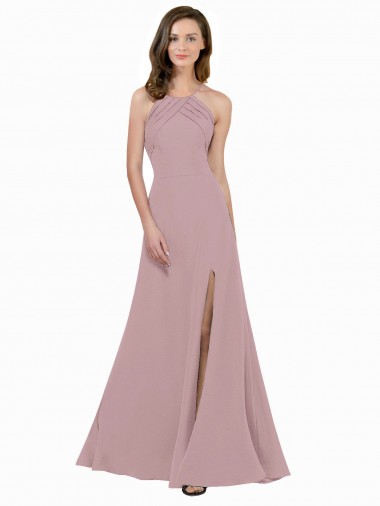 Best High Neck Crepe Bridesmaid Dress / Prom Dress with Pleats and Keyhole Back