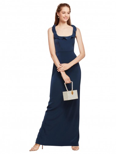 Best Scoop Neck with Ruffles Long Formal Crepe Bridesmaid Dress / Prom Dress with Back Slit