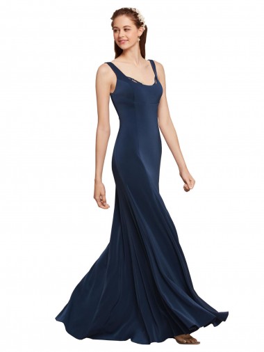 Best Fit and Flare Long Formal Crepe Bridesmaid Dress / Prom Dress with Round Neck
