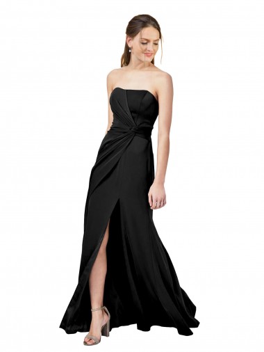 Best Strapless Fit and Flare Long Formal Crepe Bridesmaid Dress / Prom Dress with Knot and Slit