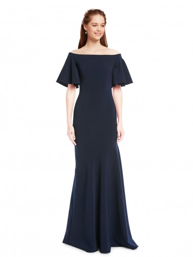 Best Off the Shoulder Formal Crepe Bridesmaid Dress / Prom Dress with Short Ruffle Sleeves.