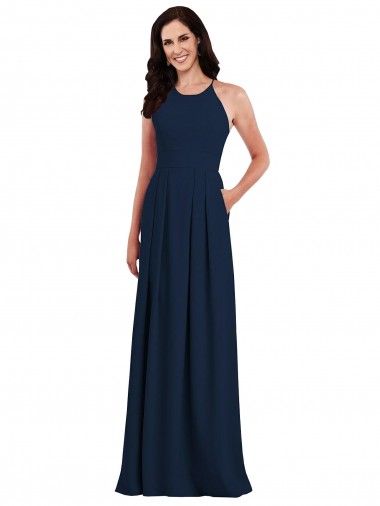Best Criss Cross Back Crepe Halter Bridesmaid Dress with Pockets