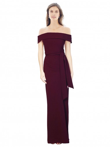 Best Off the Shoulder Long Formal Crepe Bridesmaid Dress / Prom Dress with Waist Tie