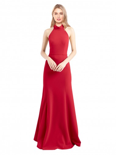 Best Sleek Fit and Flare High Neck Halter Stretch Formal Crepe Bridesmaid Dress / Prom Dress with Open Back