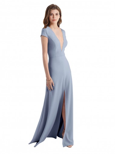 Best Plunging V-Neck Cap Sleeves Stretch Crepe Bridesmaid Dress / Prom Dress with Front Slit