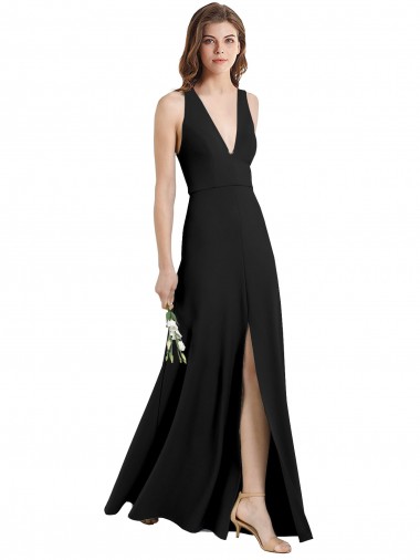 Best Sleek Halter V-Neck Long A-Line Stretch Formal Crepe Bridesmaid Dress / Prom Dress with Front Slit