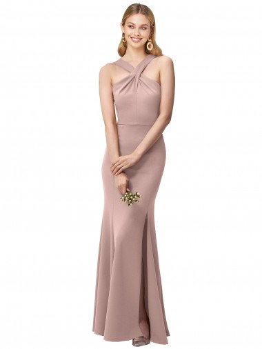 Best Long Floor Length High Neck Fit and Flare Stretch Crepe Bridesmaid Dress / Prom Dress with Side Slit