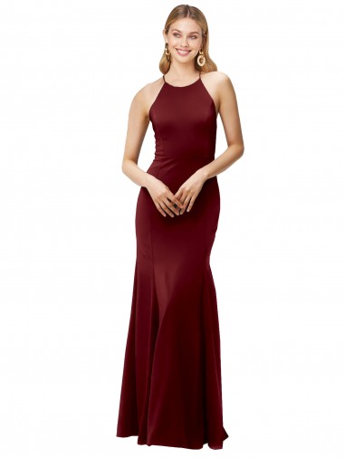 Best Fit and Flare Halter Neckline Stretch Formal Crepe Bridesmaid Dress / Prom Dress with Strappy Back