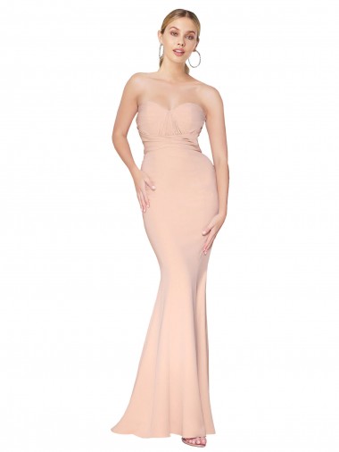 Best Sweetheart Shirred Neck Long Floor Length Formal Crepe Bridesmaid Dress / Prom Dress