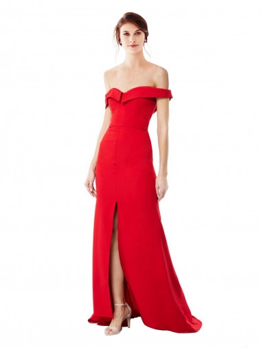 Best Off the Shoulder Chapel Train Formal Crepe Bridesmaid Dress / Prom Dress with Thigh-High slit