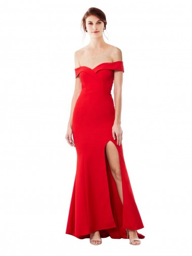 Best Off the Shoulder Sweetheart Maxi Formal Crepe Bridesmaid Dress / Prom Dress With Thigh Split and Train