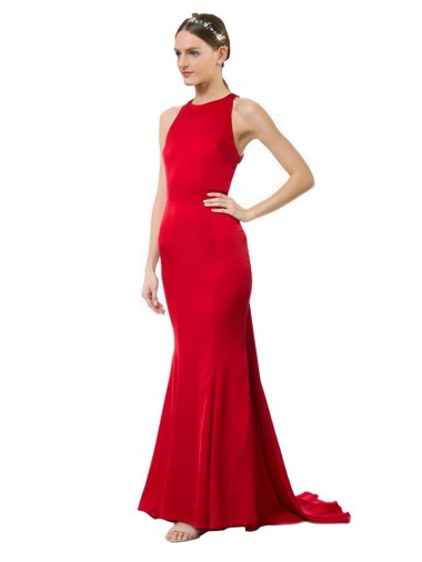 Best High Neck Mermaid Open Back Formal Crepe Maxi Bridesmaid Dress / Prom Dress with Train Detail