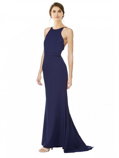 Best Fishtail High Neck Maxi Formal Crepe Bridesmiad Dress with Strappy Back Detail
