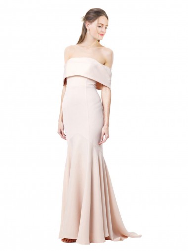 Best Mermaid Bardot Maxi Formal Crepe Bridesmiad Dress with Fishtail Train