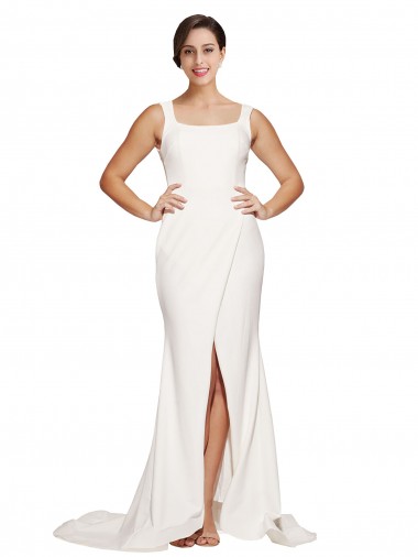Best Square Neck Long Sheath Sweep Train Crepe Bridesmaid Dress / Prom Dress 
