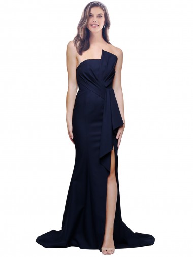 Best Long Strapless Sweep Train Low Back Crepe Bridesmaid Dress / Prom Dress