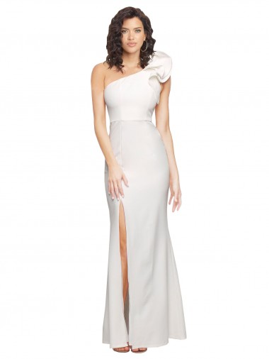 Best One Shoulder Long Full Length Formal Crepe Bridesmaid Dress / Prom Dress with Ruffles and Side Split