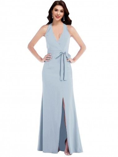 Best Open Back Halter Maxi Formal Crepe Bridesmaid Dress / Prom Dress with Draped Bow