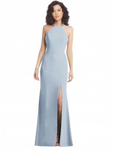 Best High Neck Halter Formal Crepe Bridesmaid Dress / Prom Dress with Twist Criss Cross Back