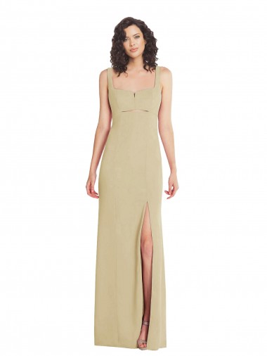 Best Wide Strap Slash Cutout Empire Formal Crepe Bridesmaid Dress / Prom Dress with Front Slit