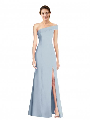 Best Asymmetrical Off the Shoulder Cuff Trumpet Formal Crepe Bridesmaid Dress / Prom Dress With Front Slit