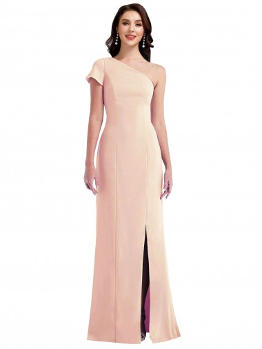 Best One Shoulder Cap Sleeves Trumpet Formal Crepe Bridesmaid Dress / Prom Dress with Front Slit