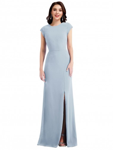 Best Cap Sleeve Open Back Trumpet Formal Crepe Bridesmaid Dress / Prom Dress with Front Slit