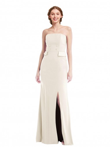 Best Long Strapless Tuxedo Maxi Bridesmaid Dress / Prom Dress with Front Slit & Pockets
