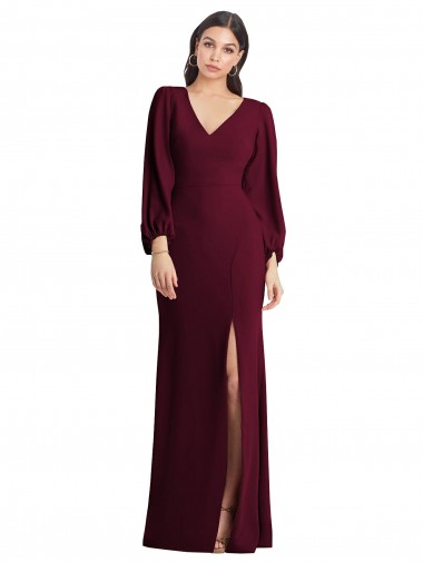 Best Long Puff Sleeve V-Neck Trumpet Bridesmaid Maxi Dress