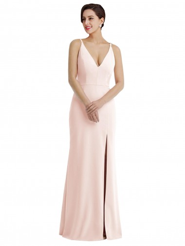Best Skinny Strap Deep V-Neck Trumpet Formal Crepe Bridesmaid Dress / Prom Dress with Front Slit