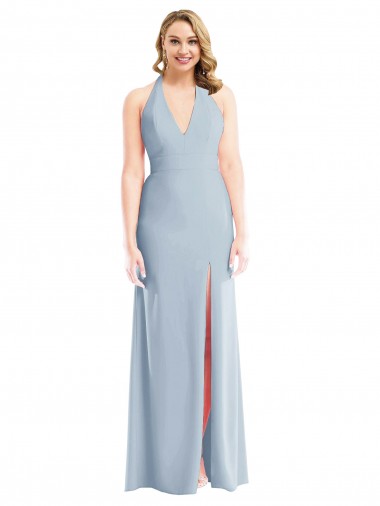 Best Plunge Neck Halter Backless Trumpet Bridesmaid Dress / Prom Dress with Front Slit