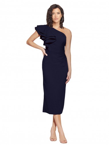 Best Ruched Midi Length Short Cocktail Formal Crepe Bridesmaid Dress / Prom Dress with Shoulder Ruffles