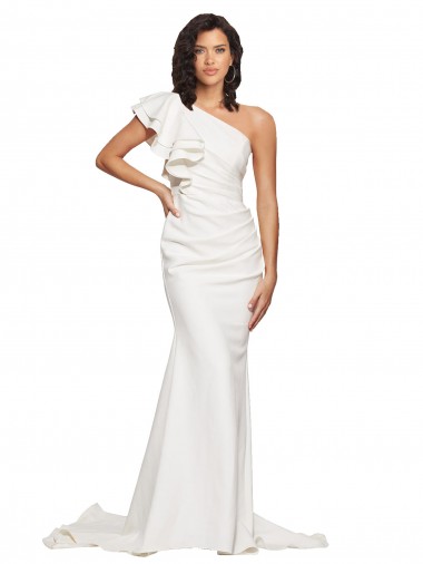 Best Ruched Long Sweep Train Crepe Bridesmaid Dress / Prom Dress with Shoulder Ruffles