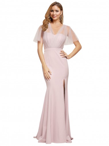 Best Crepe Long Sweetheart Neckline Formal Bridesmaid Dress / Prom Dress with Tulle Overlay Shoulders
