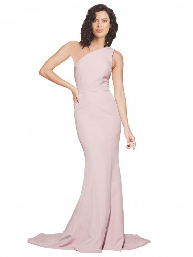 Best Long Sweep Train One Shoulder Crepe Bridesmaid Dress / Prom Dress with Side Leg Split