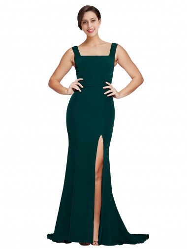 Best Fitted Square Neck Long Crepe Bridesmaid Dress / Prom Dress with Train and Side Split