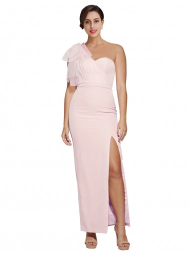 Best One Shoulder Tulle Overlay Sweetheart Neckline Long Formal Crepe Bridesmaid Drss with Thigh Split