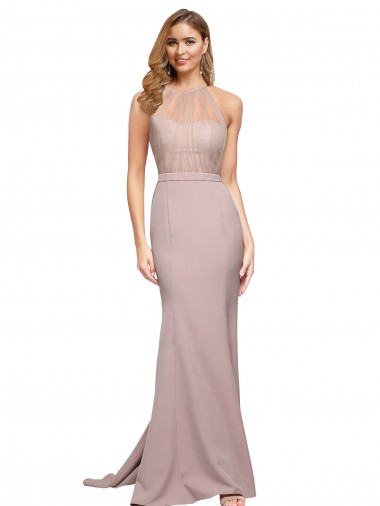 Best Long Sweetheart Formal Crepe Bridesmaid Dress / Prom Dress with High Neck Illusion Tulle Details