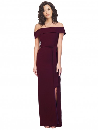 Best Fitted Full Length Off the Shoulder Formal Crepe Bridesmaid Dress / Prom Dress with Side Split and Waist Tie
