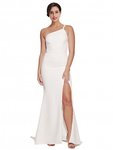 Best Long Sweep Train Crepe Bridesmaid Dress / Prom Dress with Side Split and One Strap