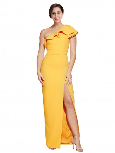 Best One Shoulder Floor Length Formal Crepe Bridesmaid Dress / Prom Dress with Thigh High Split