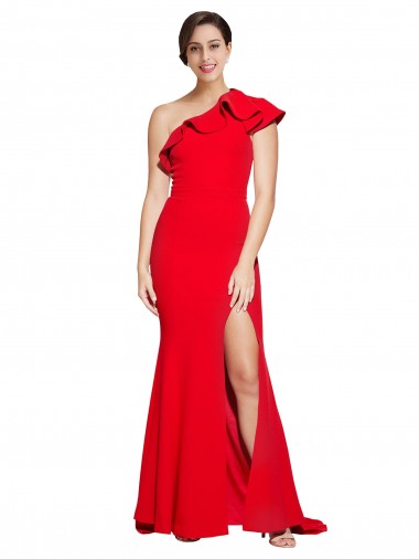 Best One Shoulder Long Sweep Train Crepe Bridesmaid Dress / Prom Dress with Thigh High Split