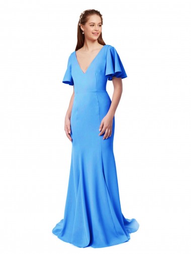 Best Short Sleeves Long V-Neck Crepe Bridesmaid Dress / Prom Dress with V-Back