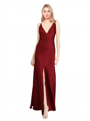 Best Floor Length Deep V-Back Formal Stretch Satin Bridesmaid Dress / Prom Dress with Front Slit