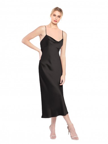 Best Cowl Neck Midi Length Short Cocktail Formal Stretch Satin Slip Bridesmaid Dress / Prom Dress