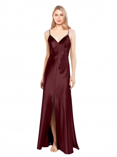 Best Sleek Spaghetti Straps V-Neck Formal Stretch Satin Bridesmaid Dress / Prom Dress with Center Front Slit