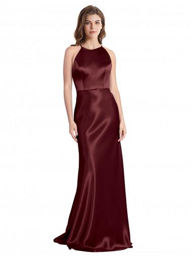 Best High Neck Halter Long Sleeveless Formal Stretch Satin Bridesmaid Dress / Prom Dress with Strappy Back